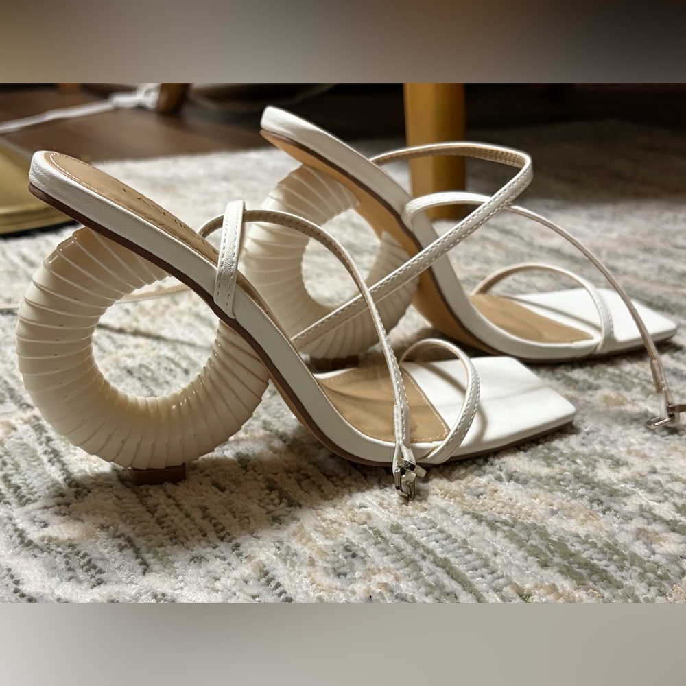 Fashion Nova White Sculptural Heel Strappy Mules Size 6 Square Toe Heels